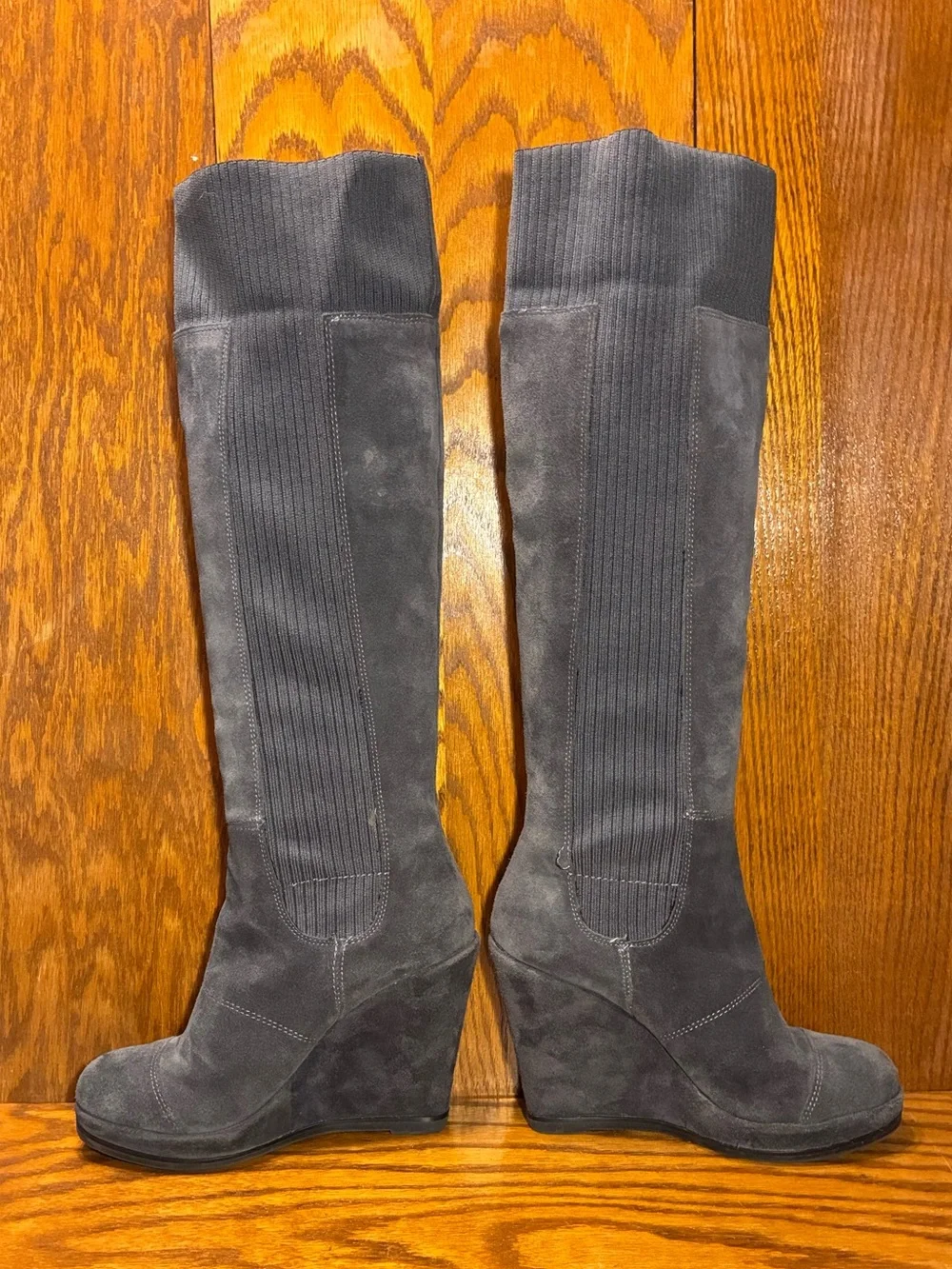 Fergie Convertible Over the Knee Gray Suede Knit Cuff Platform Wedge Boots Sz 8